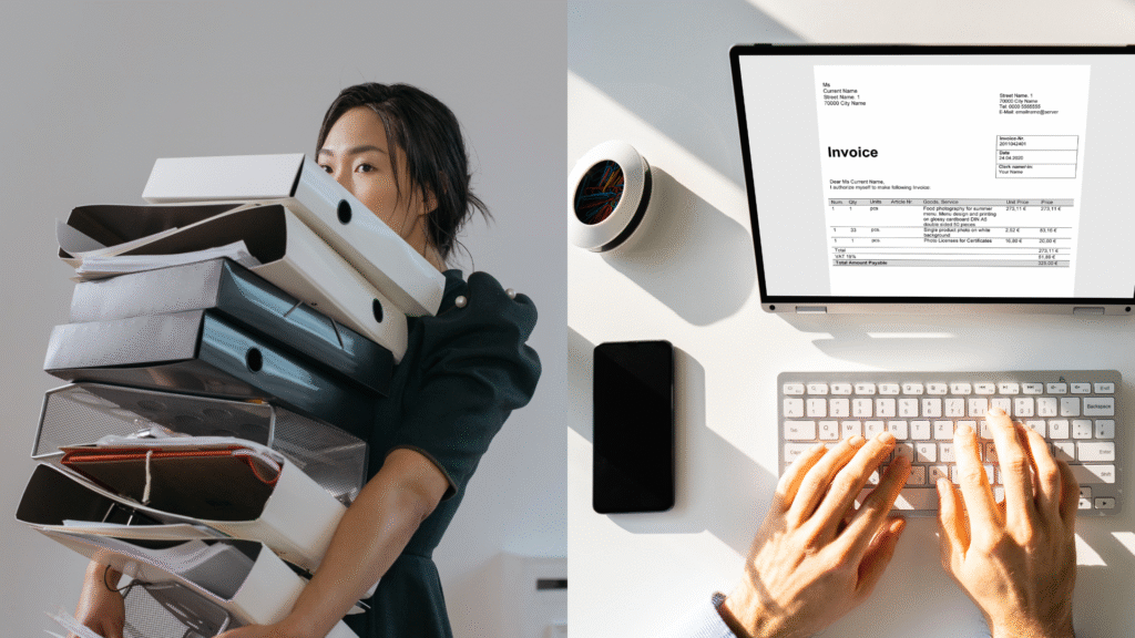 Comparación entre oficina con archivadores y oficina digitalizada.